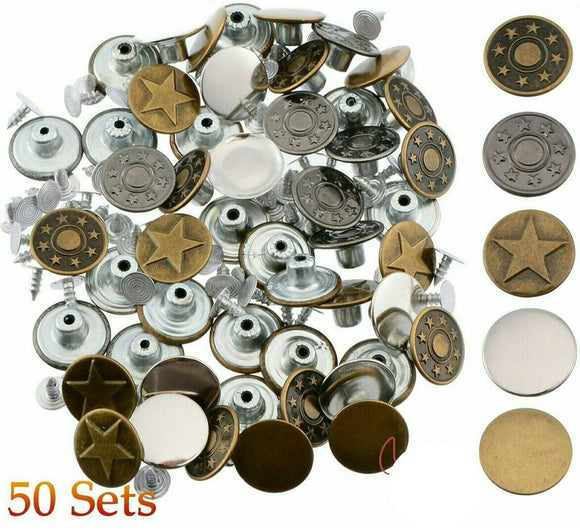 50 Set Denim Jacket Jeans Press Button 17mm Metal Tack Snap Fastener Studs Jeans