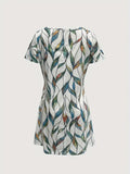 Leaves Print V Neck Dress Vacation Short Sleeve Random Printing Dress Women - L
