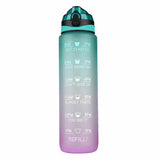 Water Bottle 1L Motivational Drink Flask With Time Markings Sport Gym - Green Purple