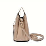 Color Block Satchel Bag Trendy Metal Tassel Decor Crossbody Bag White Caramel