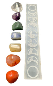 Moon Phases Selenite Crystal Charging Plate 7 Pieces Tumbled Crystal Set