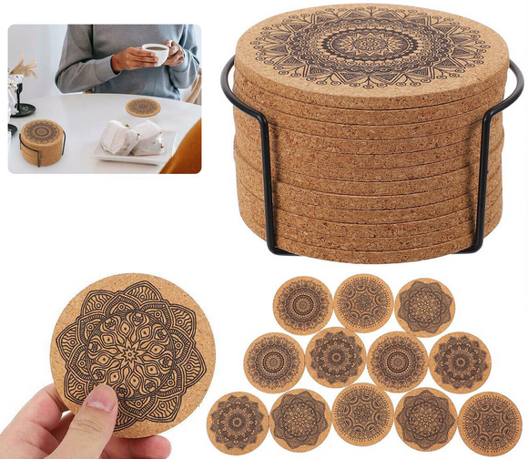 12Pcs Cup Coasters Coffee Pad With Rack Nordic Mandala Round Cork Coaster