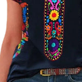 Floral Print Ethnic T-shirt Boho Crew Neck Short Sleeve Summer Women's Size S