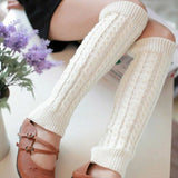 Women Ladies Warm Leg Warmers Cable Knit Knitted Crochet Socks Leggings -White