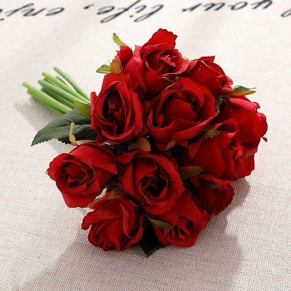 12 Heads Artificial Rose Flower Flowers Silk Bouquet Wed Party Home Red