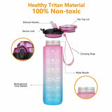 1L Water Bottle Motivational Drink Flask Time Markings Sport Gym Green/Purple