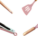 18+6 pcs Silicone Cooking Utensils Set with Wooden Handles & Holder Gadge - Pink
