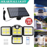 198 LED 4 Head Solar Motion Sensor Light Outdoor Garden Wall Security Flood Lamp