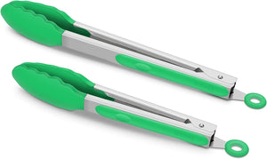 Set of 2 Cooking Tongs 9-Inch & 12-Inch Premium Silicone BPA Free NonStick Green