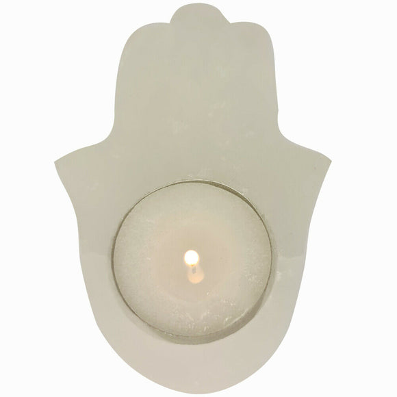 Hamsa Hand White Selenite Tealight Candle Holder Home Decor Table Light