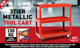 3-Tier Trolley Workshop Cart Rolling Steel Parts Storage Handyman Tool 150KG Red