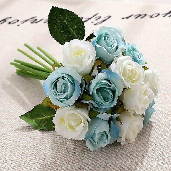 12 Heads Artificial Rose Flower Flowers Silk Bouquet Wed Party Home White/Blue