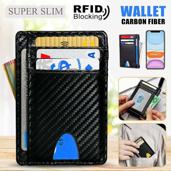 RFID Blocking Credit Card Holder Minimalist Slim Wallet Carbon Fibre Leather