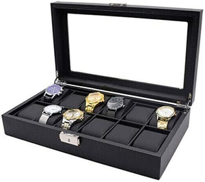 12 Grids Carbon Fiber Watch Box PU Storage Case Display Organizer Holder
