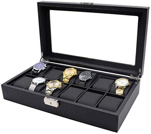 12 Grids Carbon Fiber Watch Box PU Storage Case Display Organizer Holder