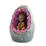 Baby Buddha Meditating Geode LED Light Backflow Cone Incense Burner Holder