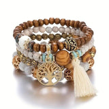 4pcs set Tree Of Life Pendant Multilayer Beaded Bracelet Round Bead Wooden White
