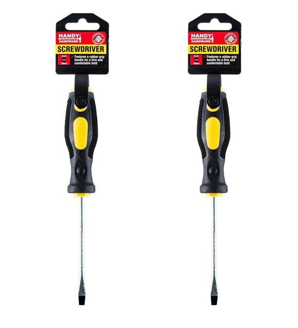 2 pcs Screwdriver Flat Black & Yellow Soft Grip Handle 19cm Tool Handy Hardware