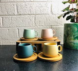 4 pieces Espresso Cups With Bamboo Coasters Lovey Trendy Assorted Colors - 90ml