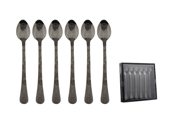 6pcs Set Black Spoon Engraved Cutlery Latte Sundae Stainless Steel