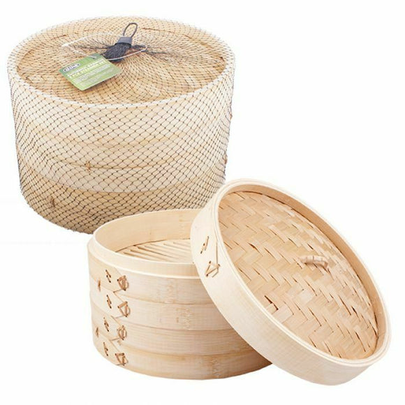 D.Line 25cm Bamboo Steamer 2 Tier w Lid Two Layer Steaming Basket Tray Cookware