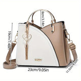 Color Block Satchel Bag Trendy Metal Tassel Decor Crossbody Bag White Caramel