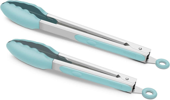 Set of 2 Cooking Tongs 9-Inch & 12-Inch Premium Silicone BPA Free Non-Stick Sky
