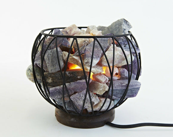 Crystal Cage Fluorite Lamp LED Globe Metal Cage Basket Vase Bowl Natural Rock