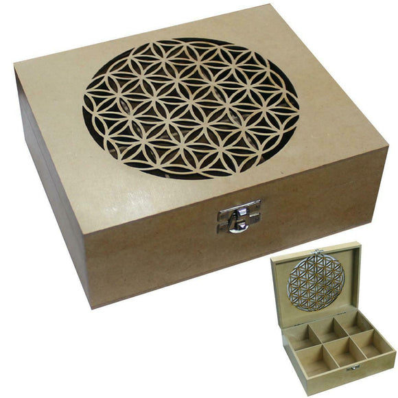 Tea Box Flower of Life Engraved Wooden Crystal/Esential Oil/Jewellery Healing