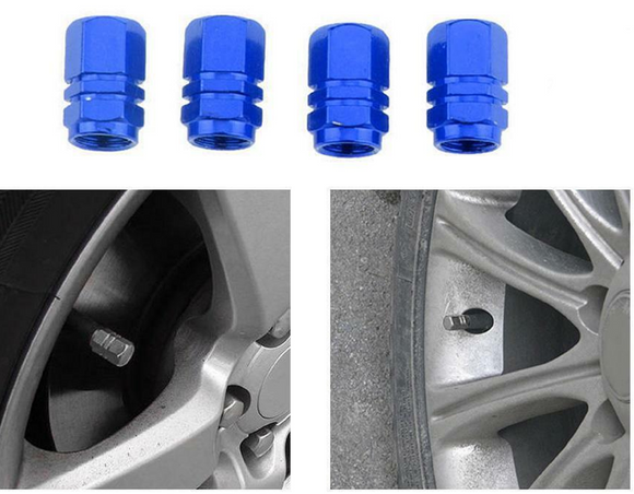 4x Blue Valve Caps Wheel Tyre Tire Stems Air Dust Cover Screw Car Truck Bike
