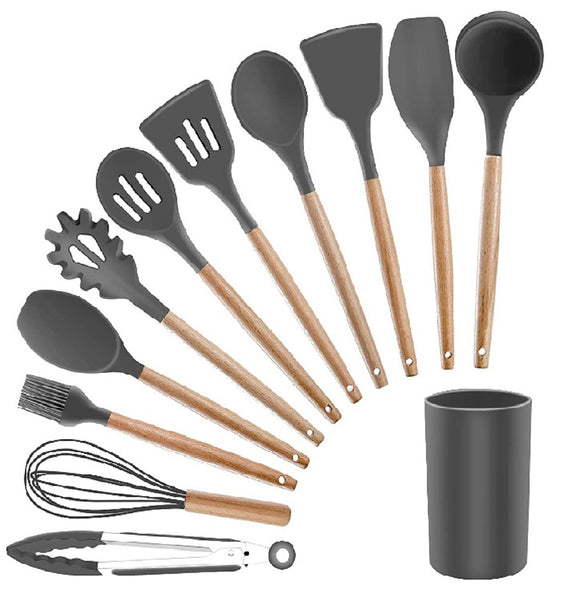 12x Silicone Utensils Set Wooden Handle Cooking Kitchen Tools Baking Cookware